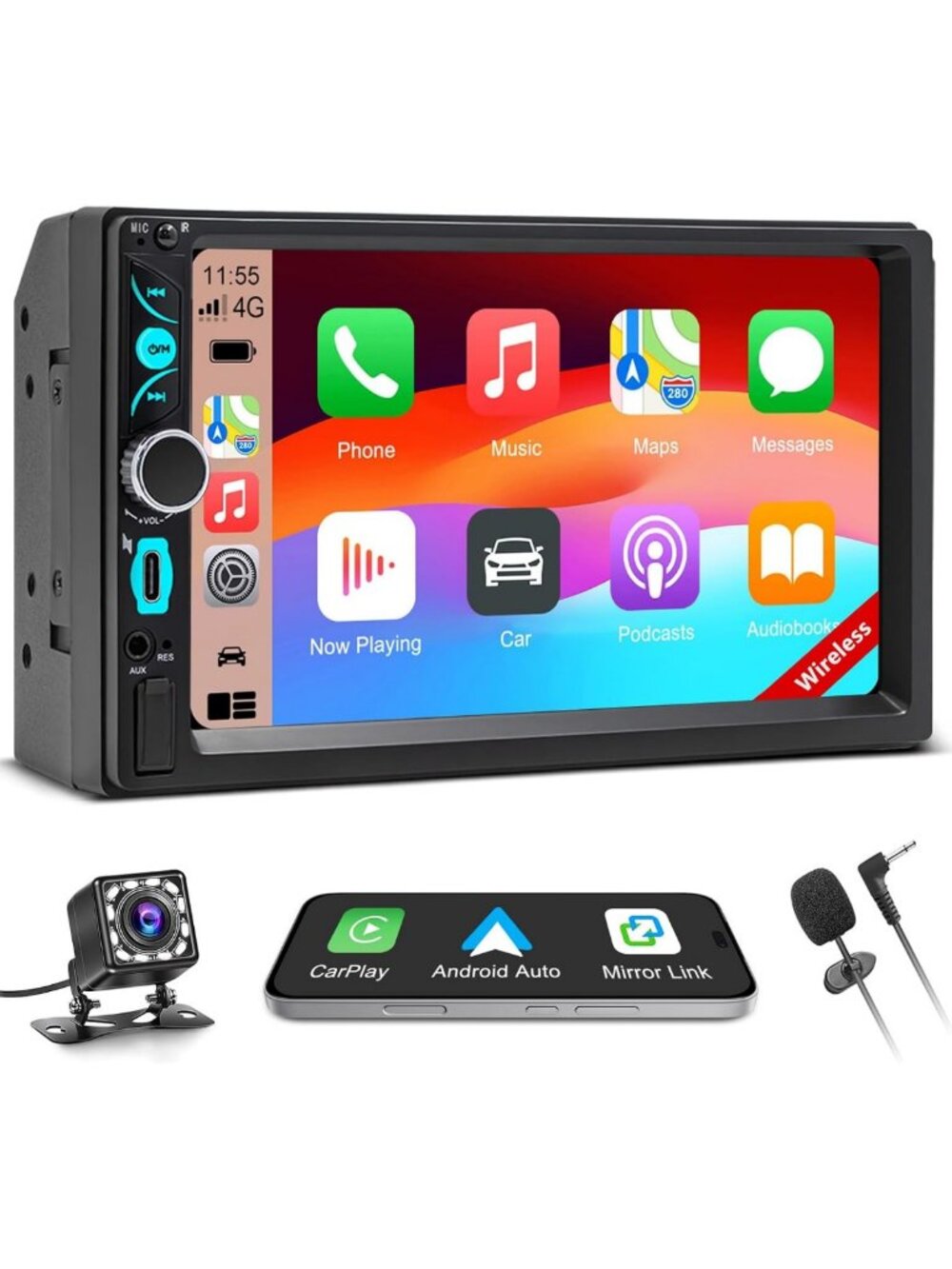 7" HD Touchscreen Double Din Car Stereo, Wireless CarPlay, Bluetooth, Backup